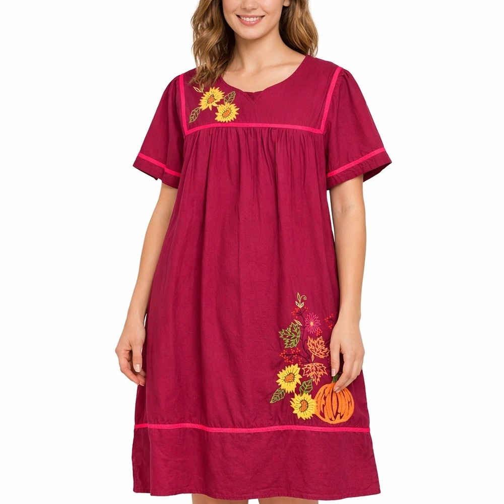 National Burgundy Cotton‎ House Dress 1X Autumn Pumpkin Sunflower Embroidered